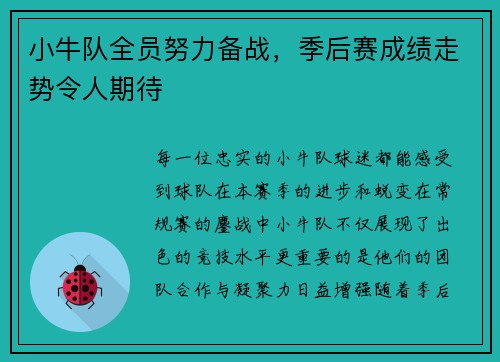 小牛队全员努力备战，季后赛成绩走势令人期待